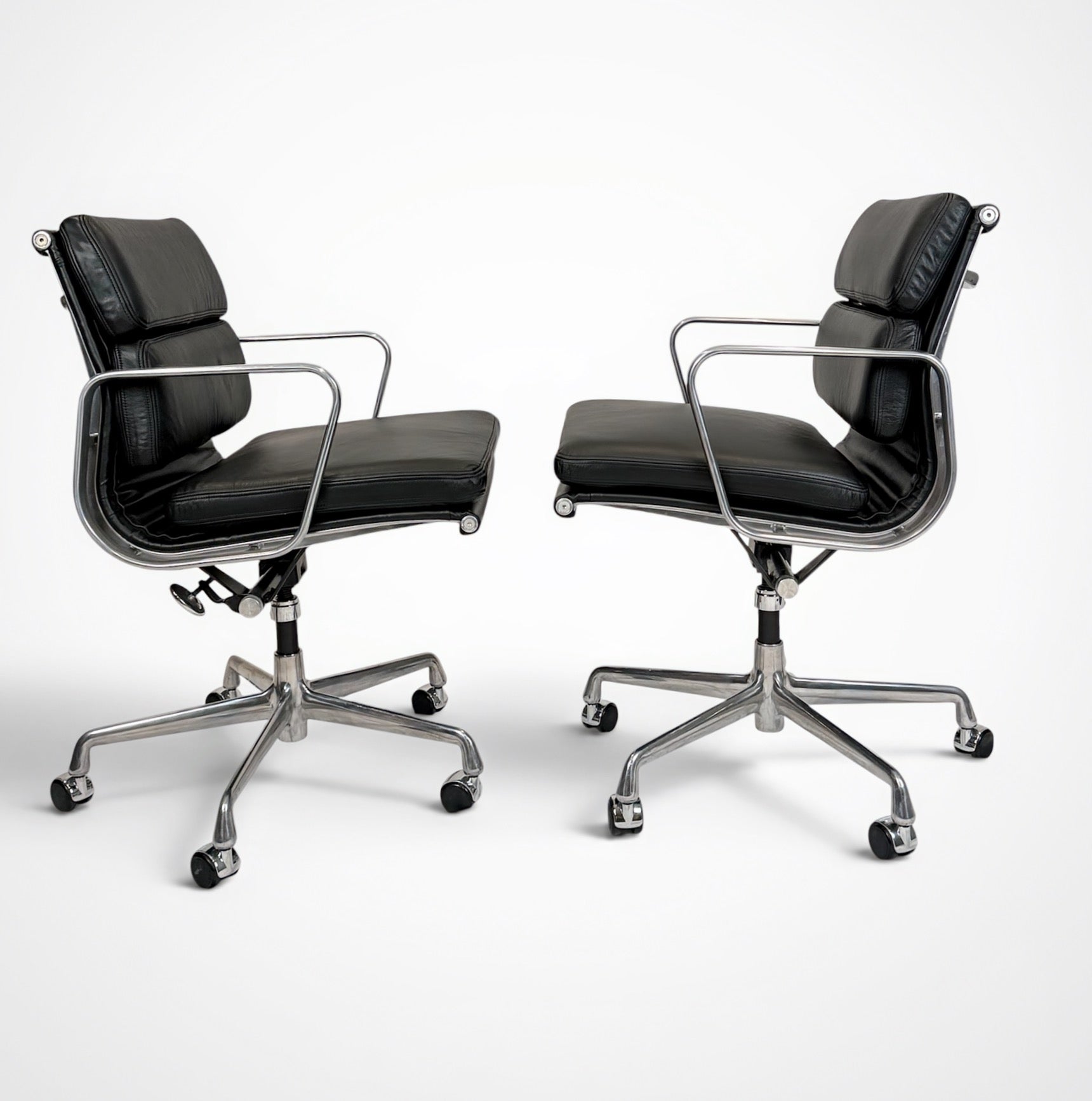 Pair of Eames Aluminum Group Soft Pad Management Chairs by Herman Miller Black Leather
