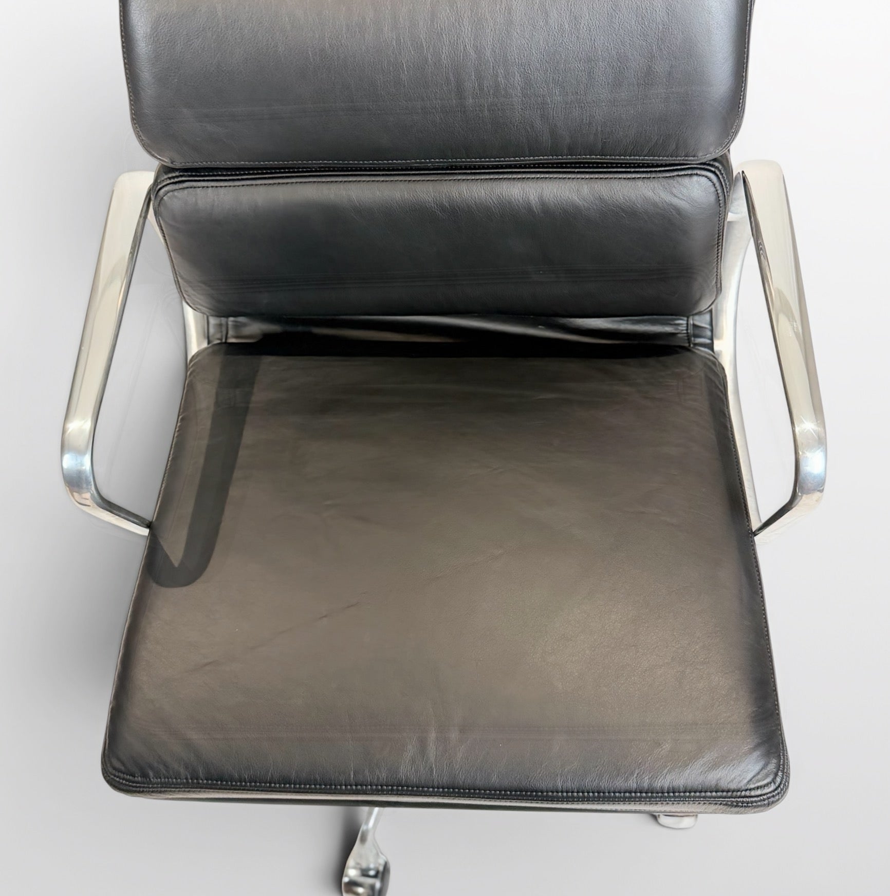 Pair of Eames Aluminum Group Soft Pad Management Chairs by Herman Miller Black Leather