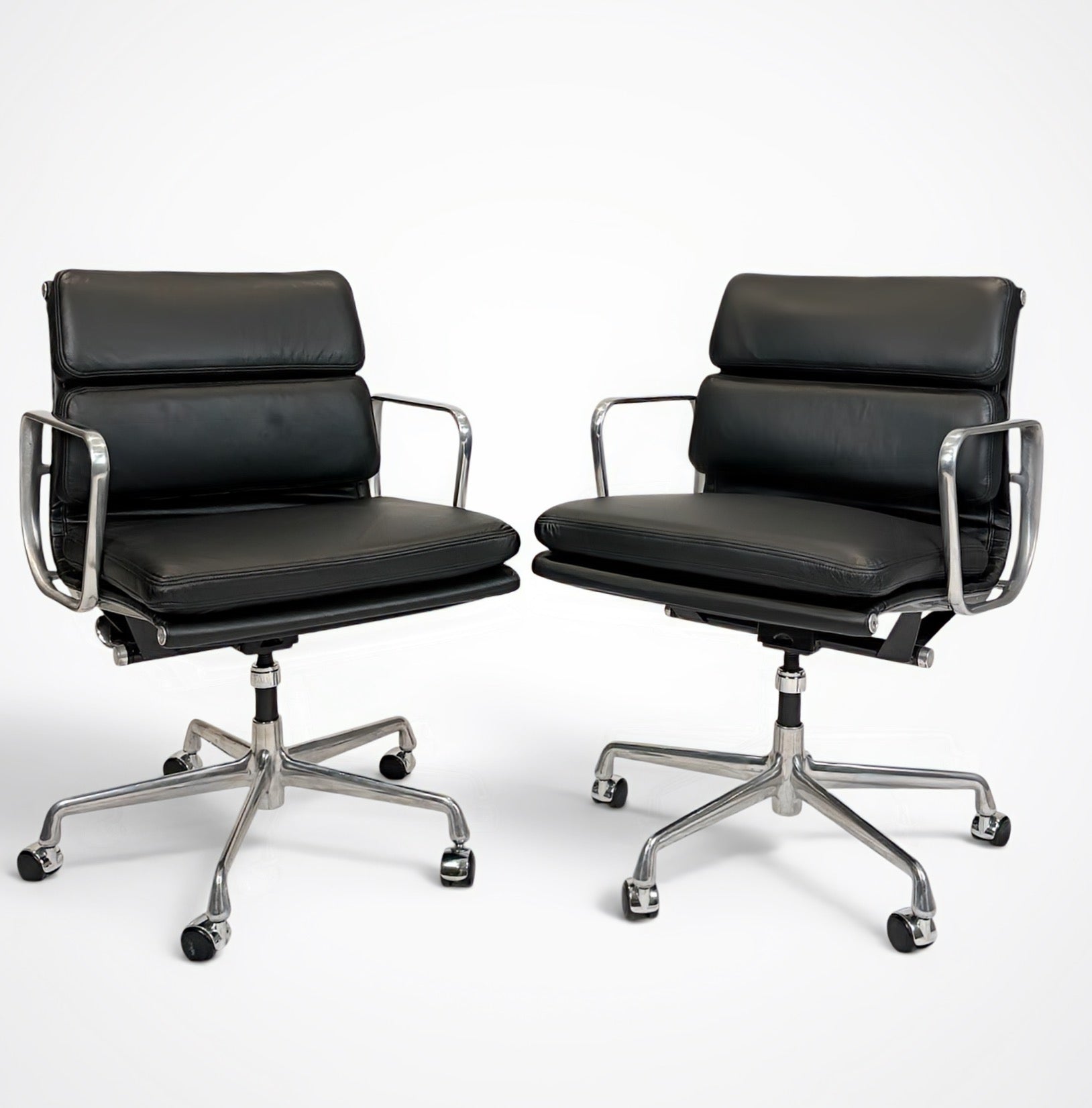 Pair of Eames Aluminum Group Soft Pad Management Chairs by Herman Miller Black Leather